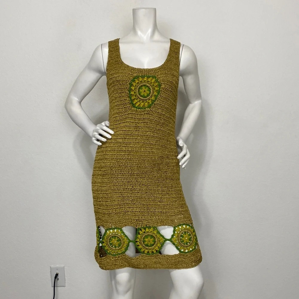Anthropologie Knitted & Knotted Sunflower Crochet Sleeveless Dress Size XS
